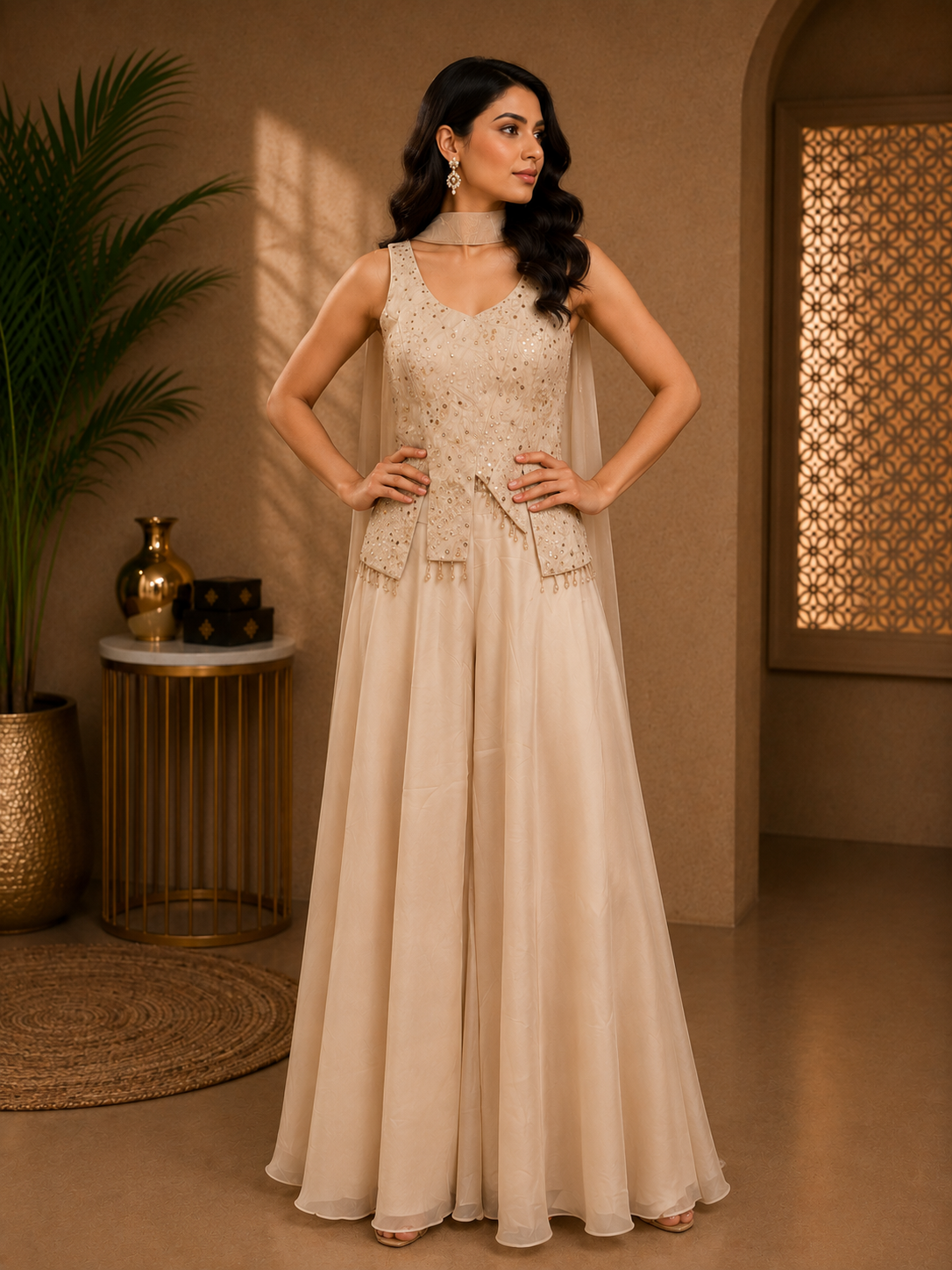 Beige Banarasi Brocade Silk Embellished Indo-Western Palazzo Set